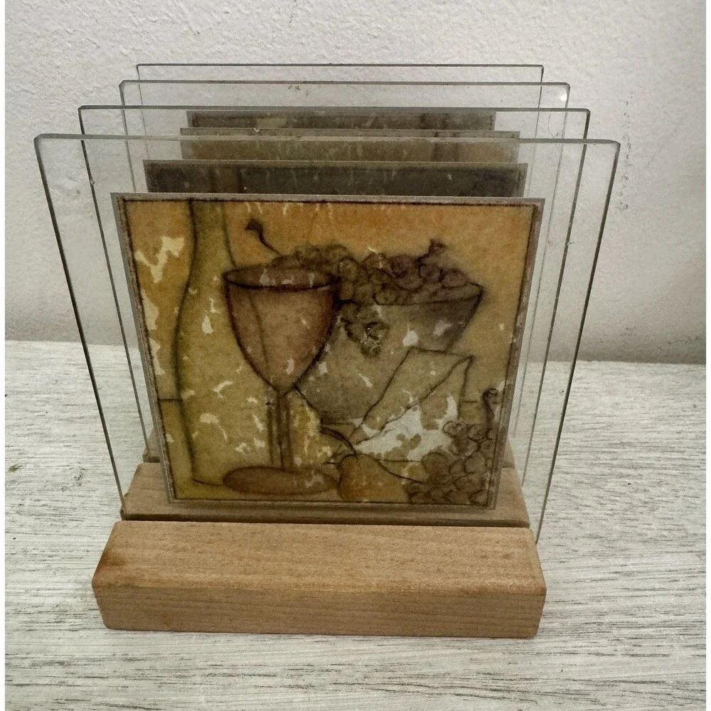 Vintage The Gallery Collection Art Glass Coasters Set w/ Stand Wine Theme